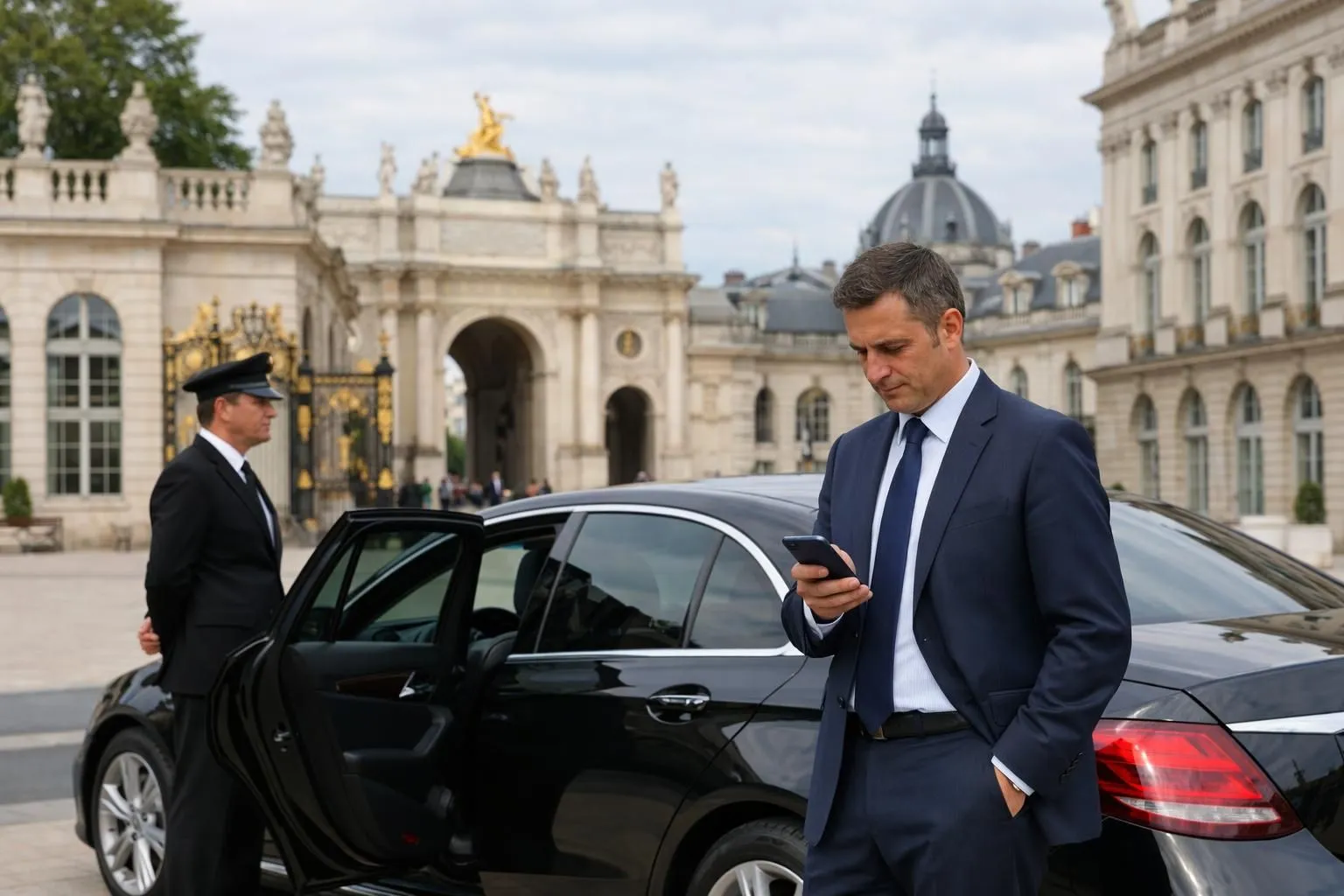 Modern business professional in suit checking smartphone next to elegant black sedan vehicle with Nancy city architecture visible in background, comparing multiple ride booking apps on phone screen, daytime urban setting with professional driver standing near opened car door