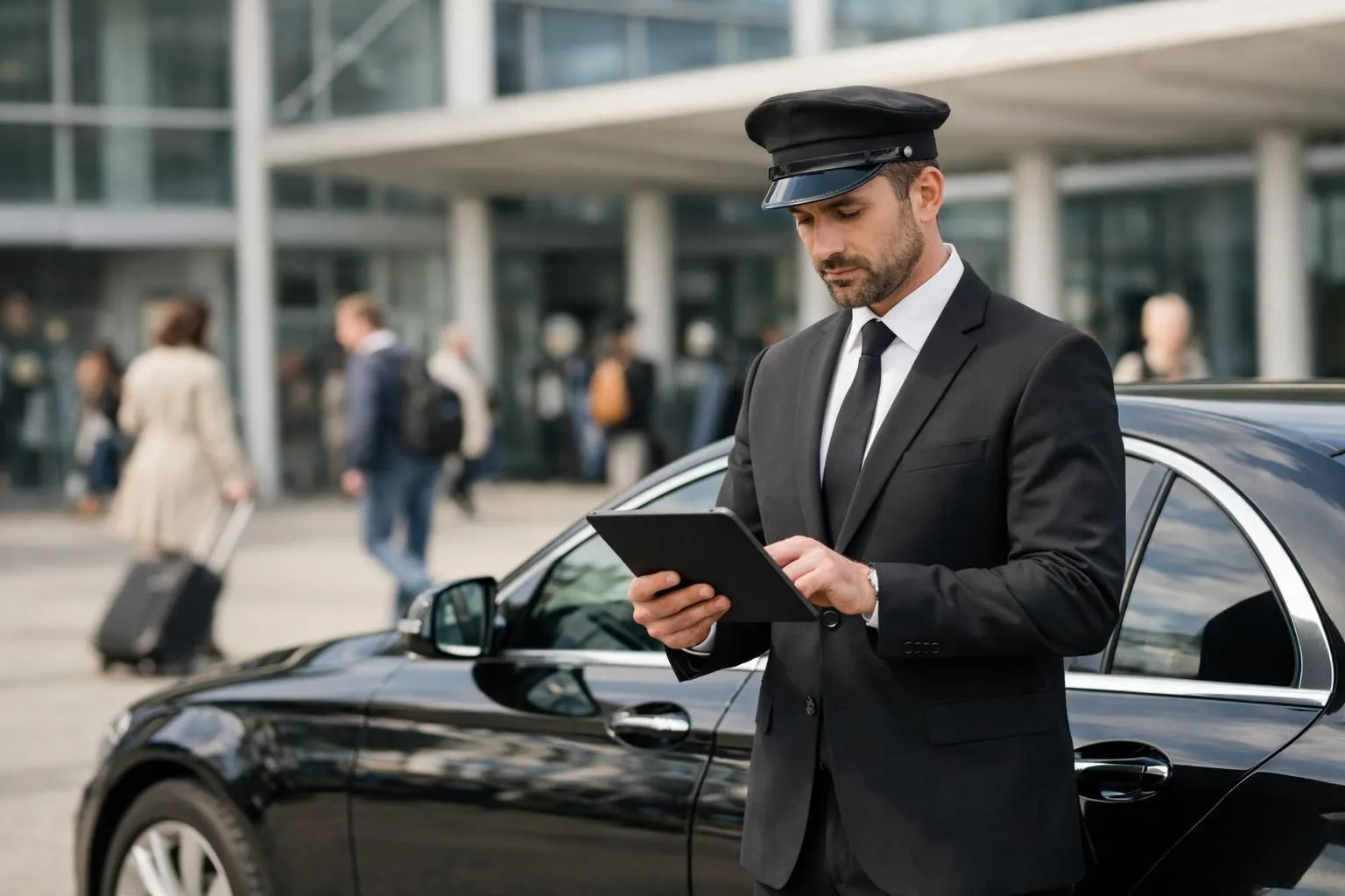 Professional chauffeur in elegant suit standing beside a luxury black sedan vehicle, consulting a tablet showing pricing calculator in front of Nancy train station, businesspeople in background waiting with luggage, modern urban setting with clear daylight, realistic photography style, no text or numbers visible