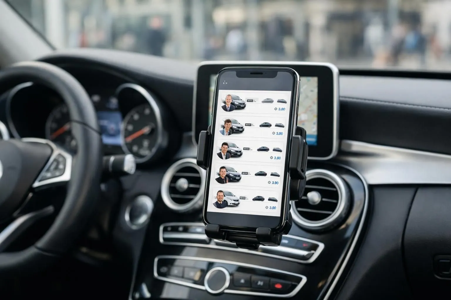 Split-screen view showing two business travelers at Nancy train station: one using smartphone comparing VTC prices on comparison app with multiple driver options visible, another speaking directly with premium chauffeur next to luxury black sedan, representing direct booking versus platform comparison