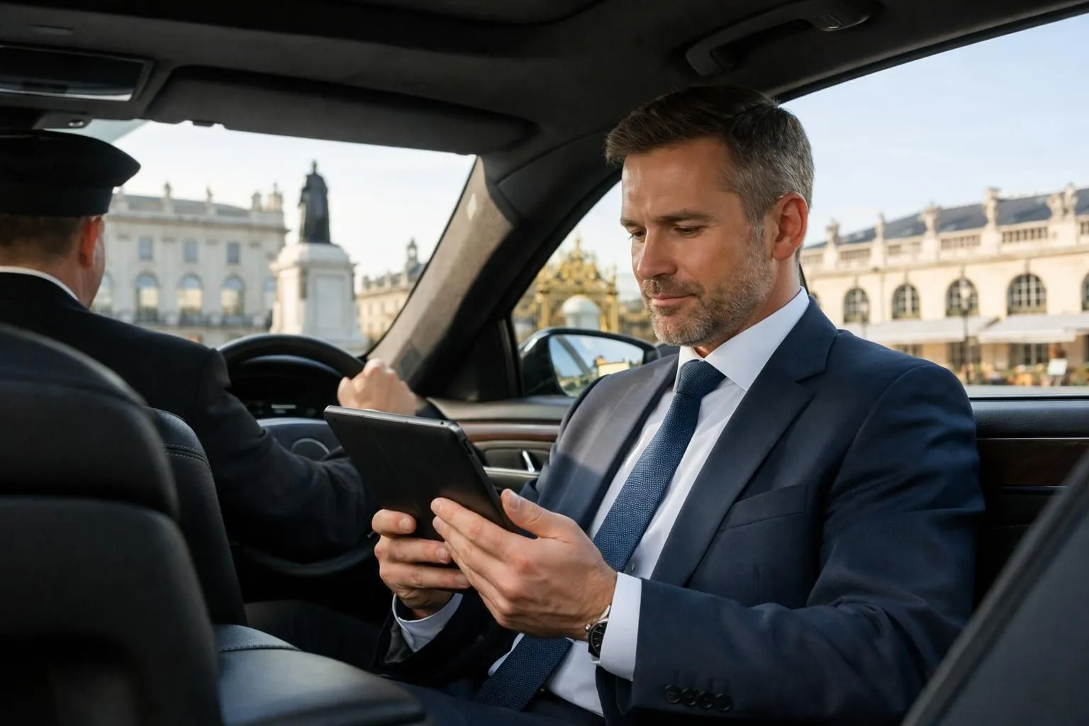 Профессиональный бизнесмен в элегантном костюме просматривает документы на планшете внутри премиального черного седана с кожаным салоном, шофер виден сзади на водительском сиденье, современный городской пейзаж Нанси с архитектурой площади Станислава, видимой через окно автомобиля, естественный утренний свет, реалистичный стиль фотографии, демонстрирующий роскошные услуги деловых перевозок.