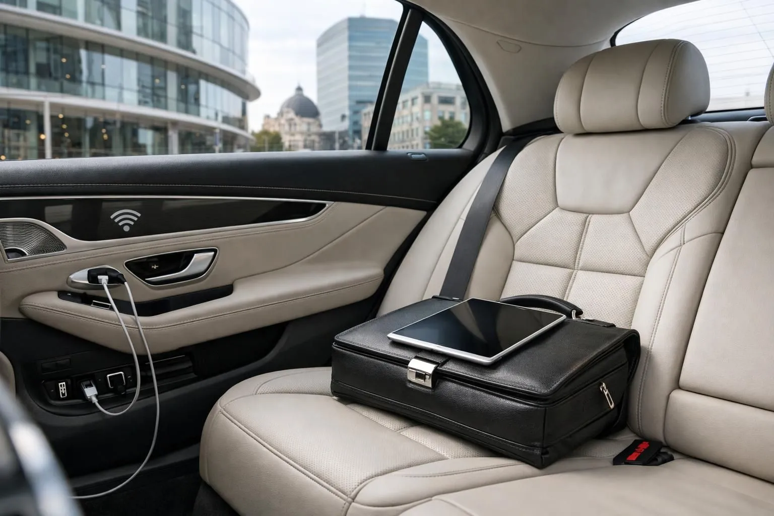Интерьер роскошного седана Mercedes с кожаными сиденьями, символом Wi-Fi и зарядными портами, с деловым портфелем и планшетом на сиденье, вид со стороны пассажира в деловом районе Нанси, фотореалистичный стиль, текст или надписи не видны.