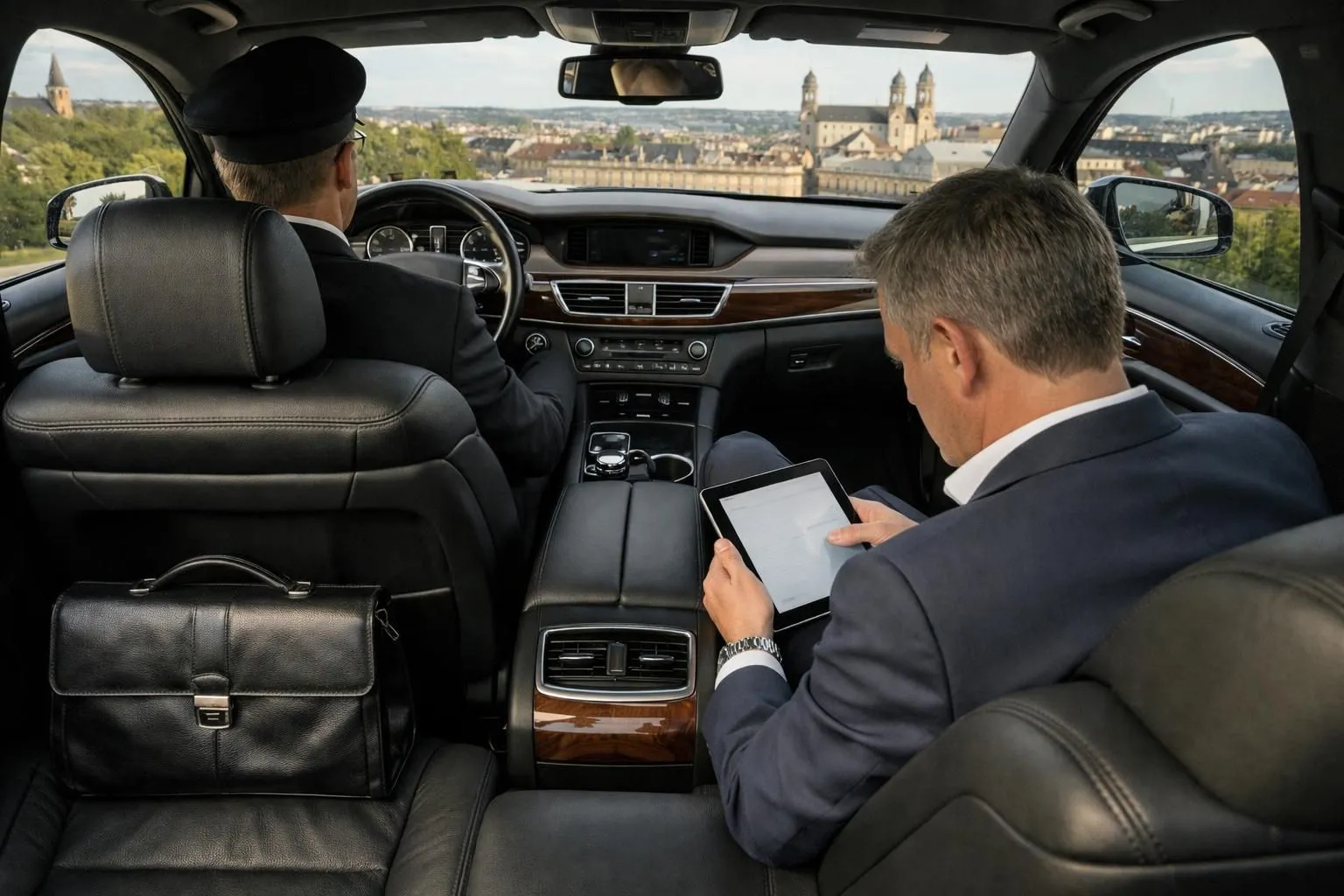 Профессиональный руководитель в элегантном костюме просматривает документы на планшете на заднем сиденье роскошного седана, кожаный салон с подсветкой, портфель рядом с сиденьем, современная приборная панель с навигационной системой, профессиональный шофер в униформе виден на водительском сиденье, деловой район Нанси виден через тонированные окна, естественный свет позднего вечера, реалистичная сцена корпоративного транспорта.