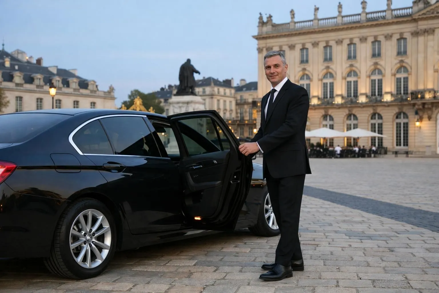 Chauffeur professionnel élégant en costume sombre tenant une porte de berline premium noire ouverte devant la majestueuse Place Stanislas de Nancy au crépuscule, lumière dorée et architecture classique en arrière-plan, atmosphère raffinée et professionnelle