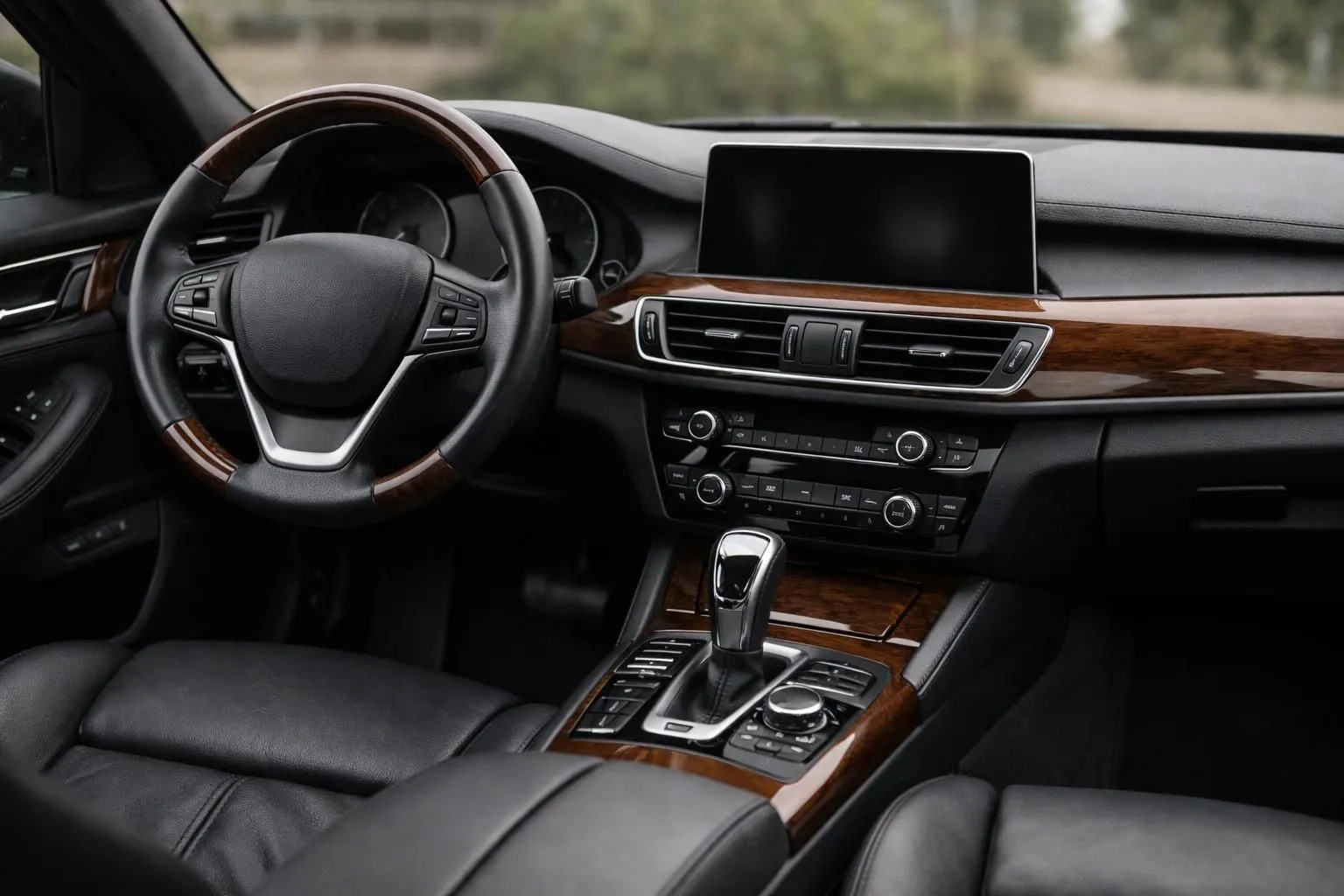 Tableau de bord luxueux d'une berline premium VTC avec sellerie cuir noir, volant gainé, finitions bois précieux, vue cockpit professionnel depuis siège conducteur, lumière naturelle tamisée, détails raffinés d'un véhicule haut de gamme pour transport privé à Nancy