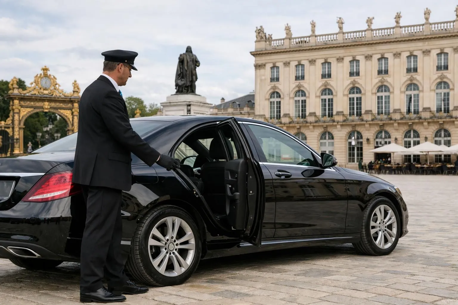 Élégante berline noire Mercedes garée devant une place historique de Nancy avec un chauffeur en costume sombre ouvrant la portière arrière pour un client en tenue d'affaires, ambiance professionnelle et raffinée, lumière naturelle du matin