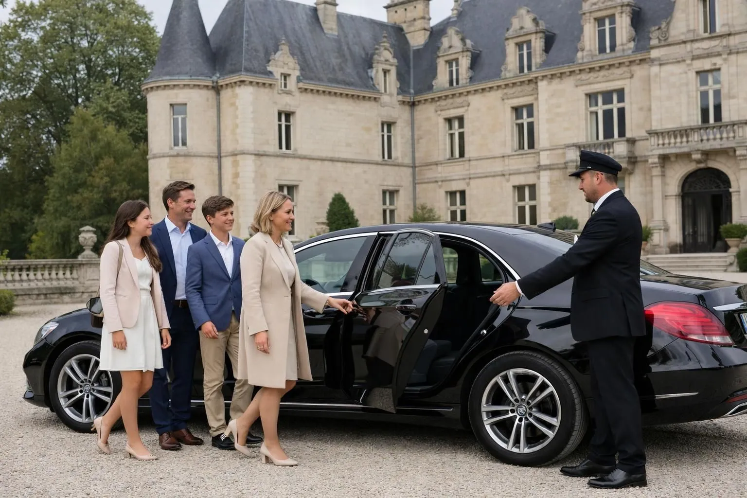 Elegant black Mercedes sedan parked in front of a French château venue with stone facade, professional chauffeur in dark suit opening rear door for well-dressed family members arriving for celebration, natural daylight, Nancy region architecture, refined atmosphere