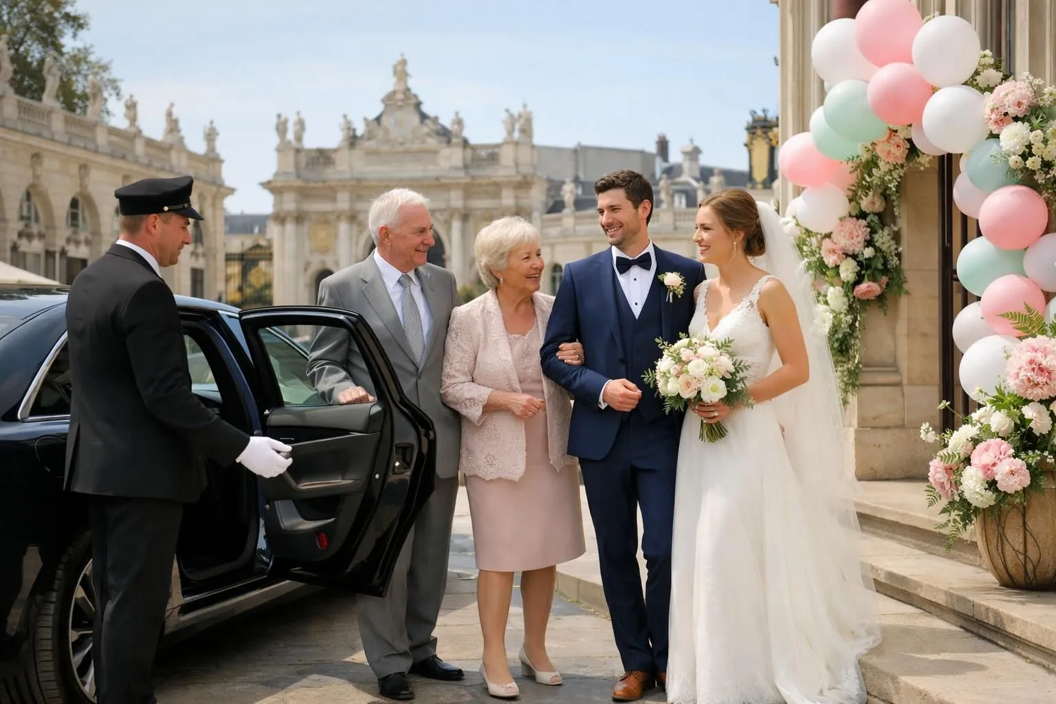 Elegant multi-generational family gathering for celebration, bride and groom with elderly relatives arriving from luxury sedan, professional chauffeur holding door open, festive balloons and flowers decorating entrance of event venue, Nancy architecture in background, formal attire, joyful atmosphere, afternoon golden light