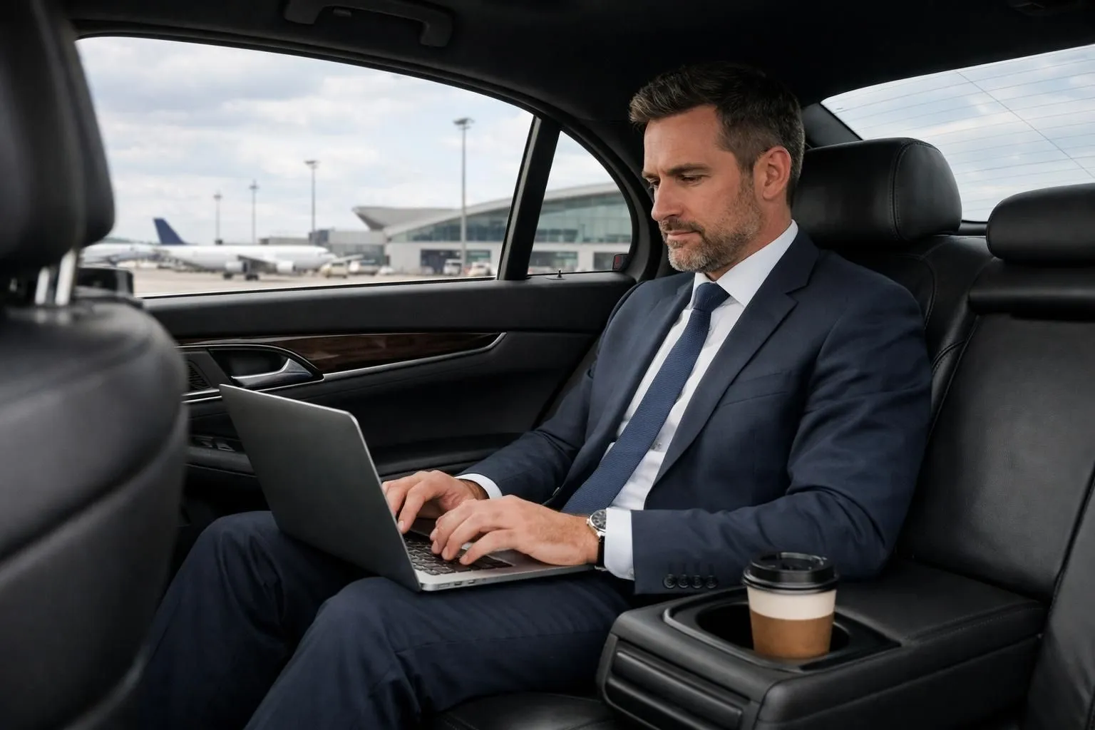 Business professional in elegant suit working on laptop inside premium black sedan with leather interior, natural daylight through car windows, laptop screen showing spreadsheets, coffee cup in holder, airport terminal visible through rear window, focus on productive traveler, realistic photography style