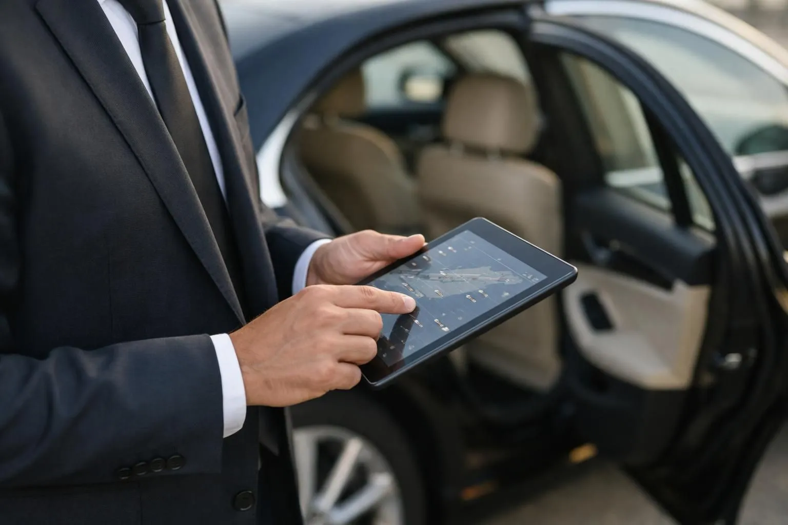 Professional chauffeur in dark elegant suit holding digital tablet showing flight tracking app, standing beside luxurious black sedan with open rear door at Nancy building entrance, warm morning light