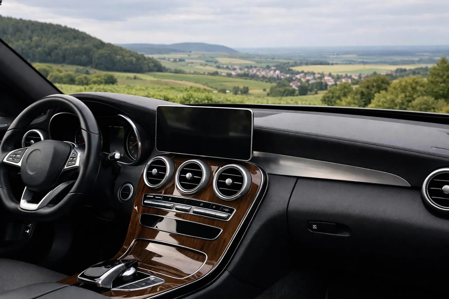 Premium black sedan on scenic route through Nancy and Grand Est region with professional chauffeur service imagery, elegant map visualization showing Nancy metropolitan area and regional connections, luxury business travel presentation without any text or labels