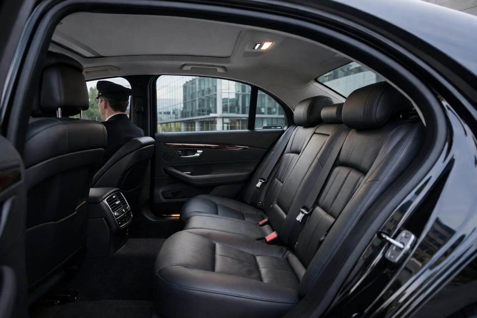 Professional businessman in dark suit reviewing documents inside luxurious black sedan interior with leather seats, soft ambient lighting, parked near contemporary glass office building in Nancy business district