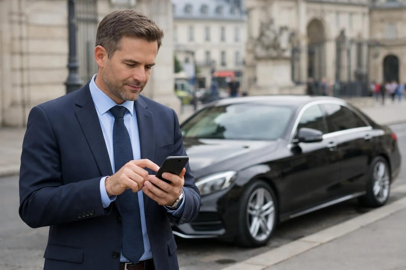 Professional businessman in suit using smartphone to request luxury chauffeur service through mobile app, sleek black Mercedes visible in background, modern Nancy city environment, natural daylight, realistic photography style showing digital reservation process