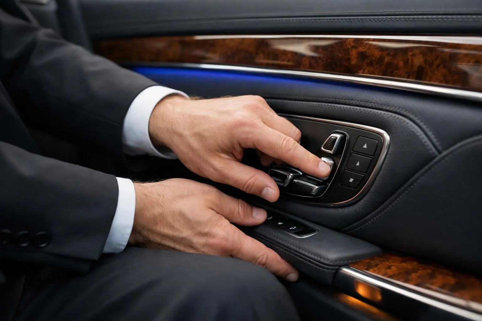 Elegant Mercedes S-Class interior showing premium black leather seats, polished wood trim, ambient lighting, and professional chauffeur preparing the vehicle for a client in business attire