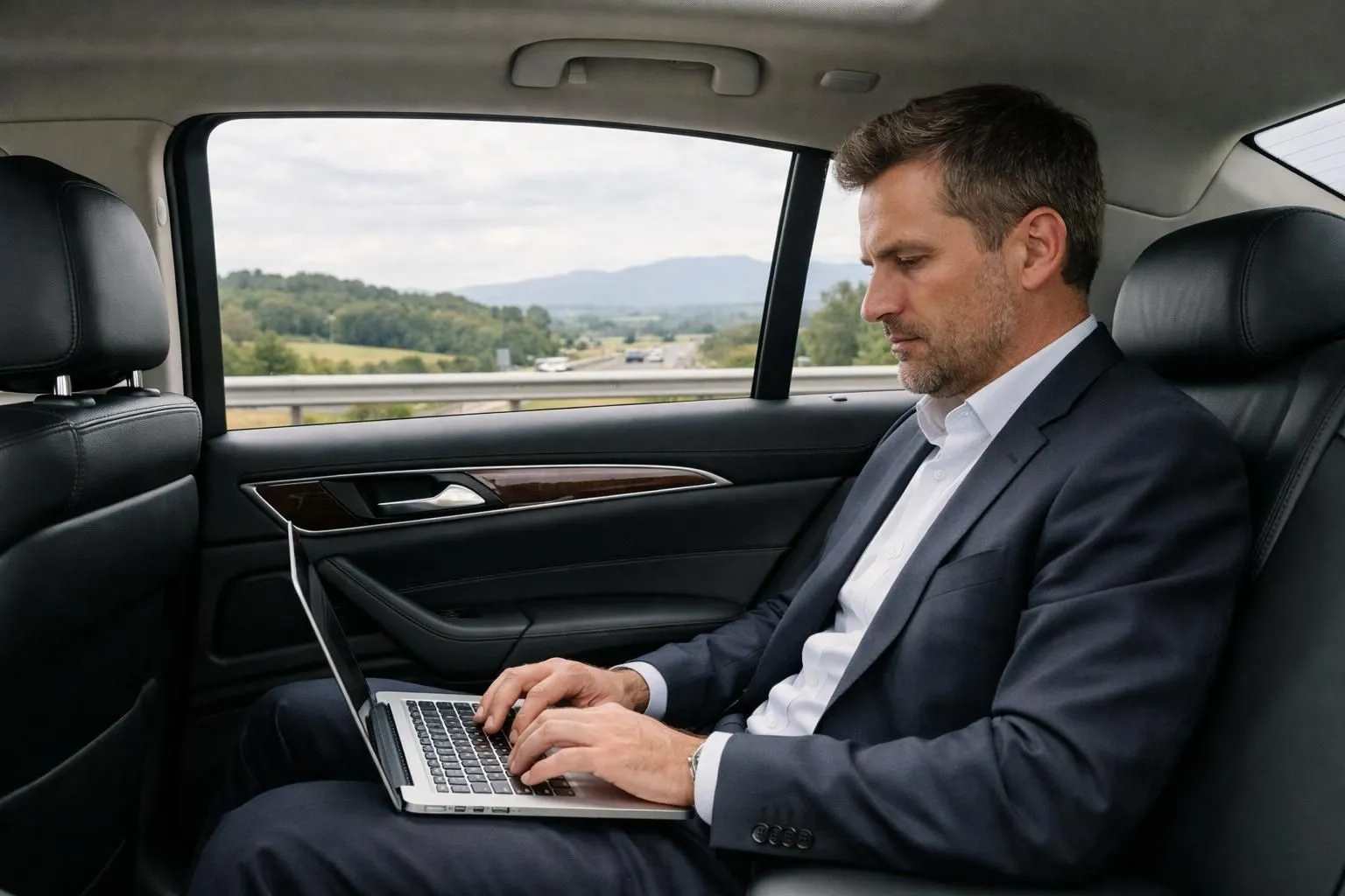 Professional businessman working on laptop in luxurious black sedan interior during daytime journey, leather seats visible, French countryside motorway visible through window, elegant and focused atmosphere