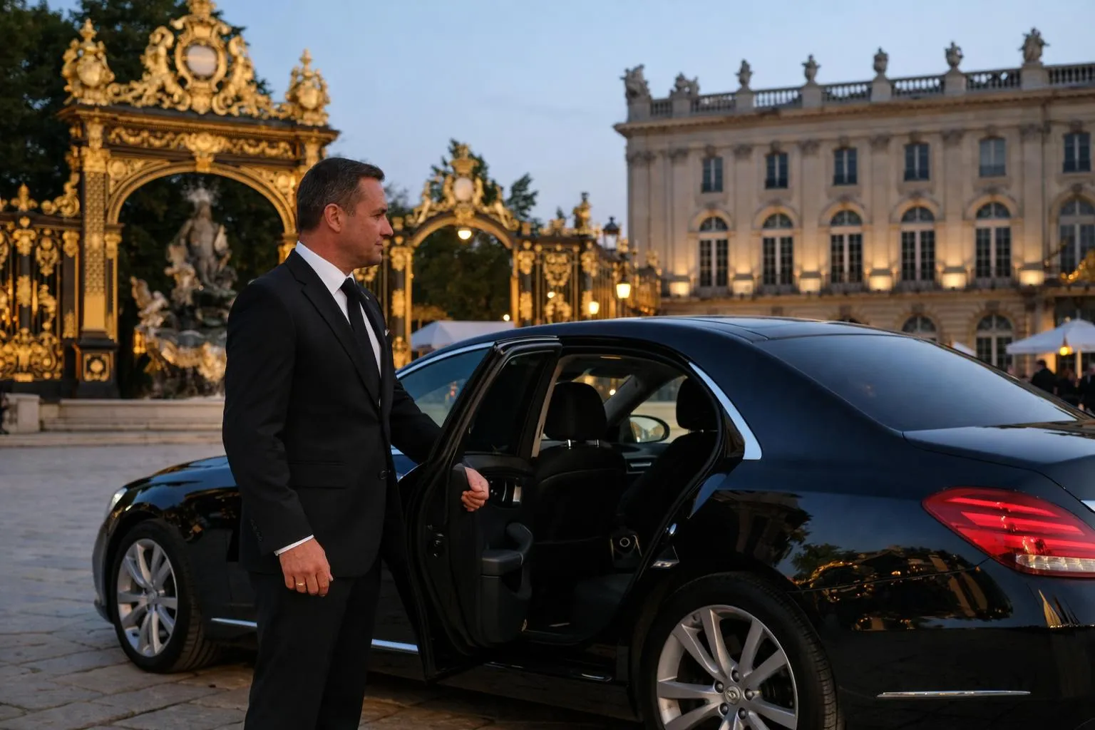 Homme d'affaires en costume noir près d'une voiture de luxe devant un palais doré.
