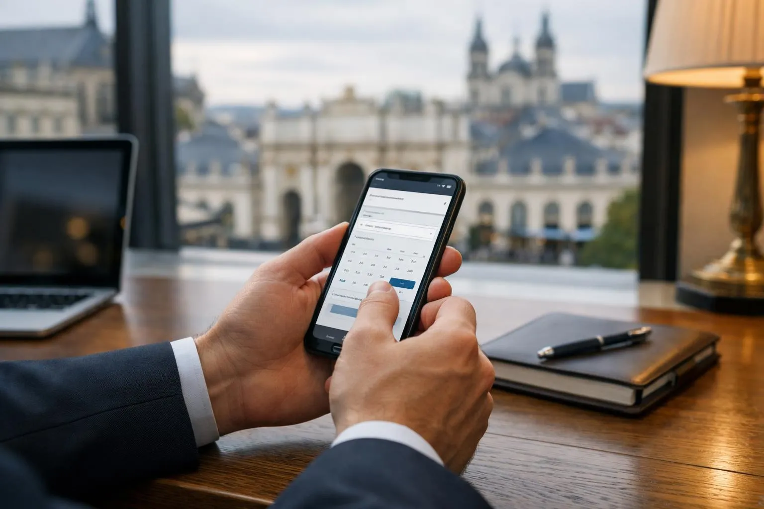 Homme d'affaires utilisant un smartphone avec vue sur une ville historique.