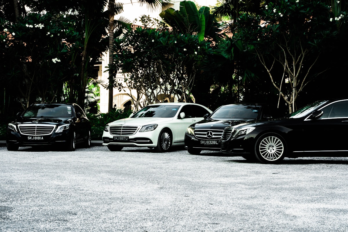 Parking de luxe avec voitures Mercedes-Benz dans un cadre tropical.