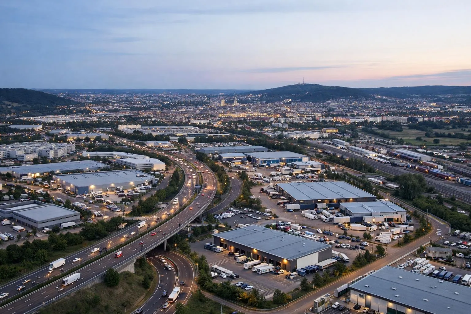 Paysage urbain avec autoroute, bâtiments industriels et skyline de la ville.