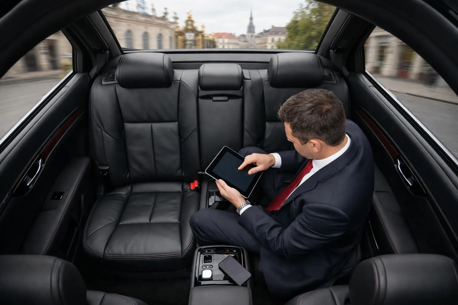 Homme d'affaires utilisant une tablette dans une voiture de luxe.