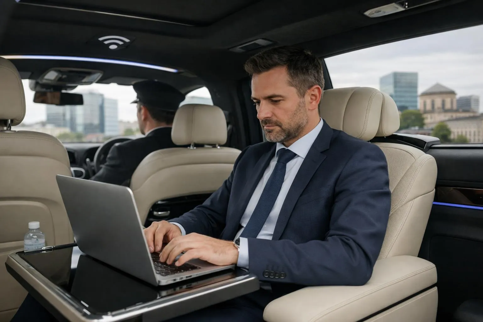 Professional businessman in suit working on laptop in spacious luxury car interior with leather seats, ambient lighting and WiFi connectivity, chauffeur visible from behind, Nancy business district visible through window, elegant and productive atmosphere