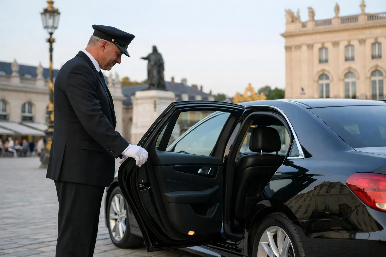 Elegant black luxury sedan with professional chauffeur opening rear door for business client in front of Place Stanislas Nancy, evening golden hour lighting, refined professional service atmosphere, real photography style