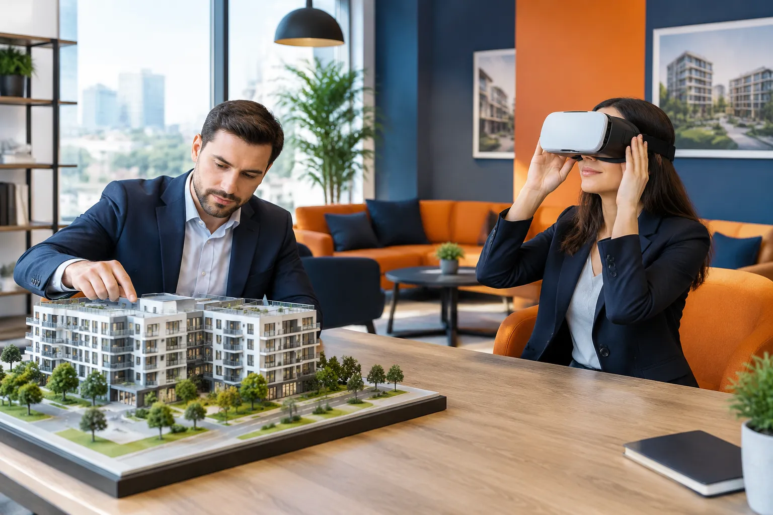 Professionnels examinant maquette immobilière et réalité virtuelle au bureau