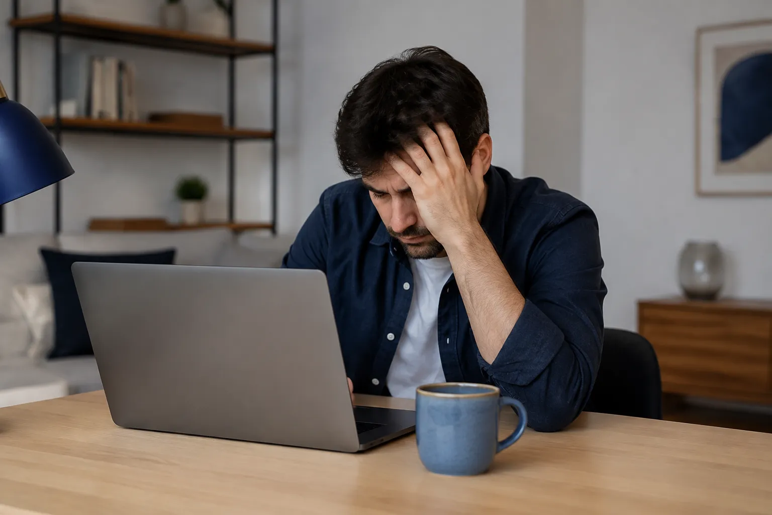 Homme stressé travaillant sur ordinateur portable avec tasse de café.
