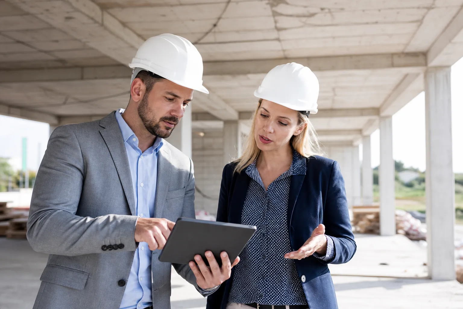 Deux professionnels du bâtiment examinant des plans sur une tablette.