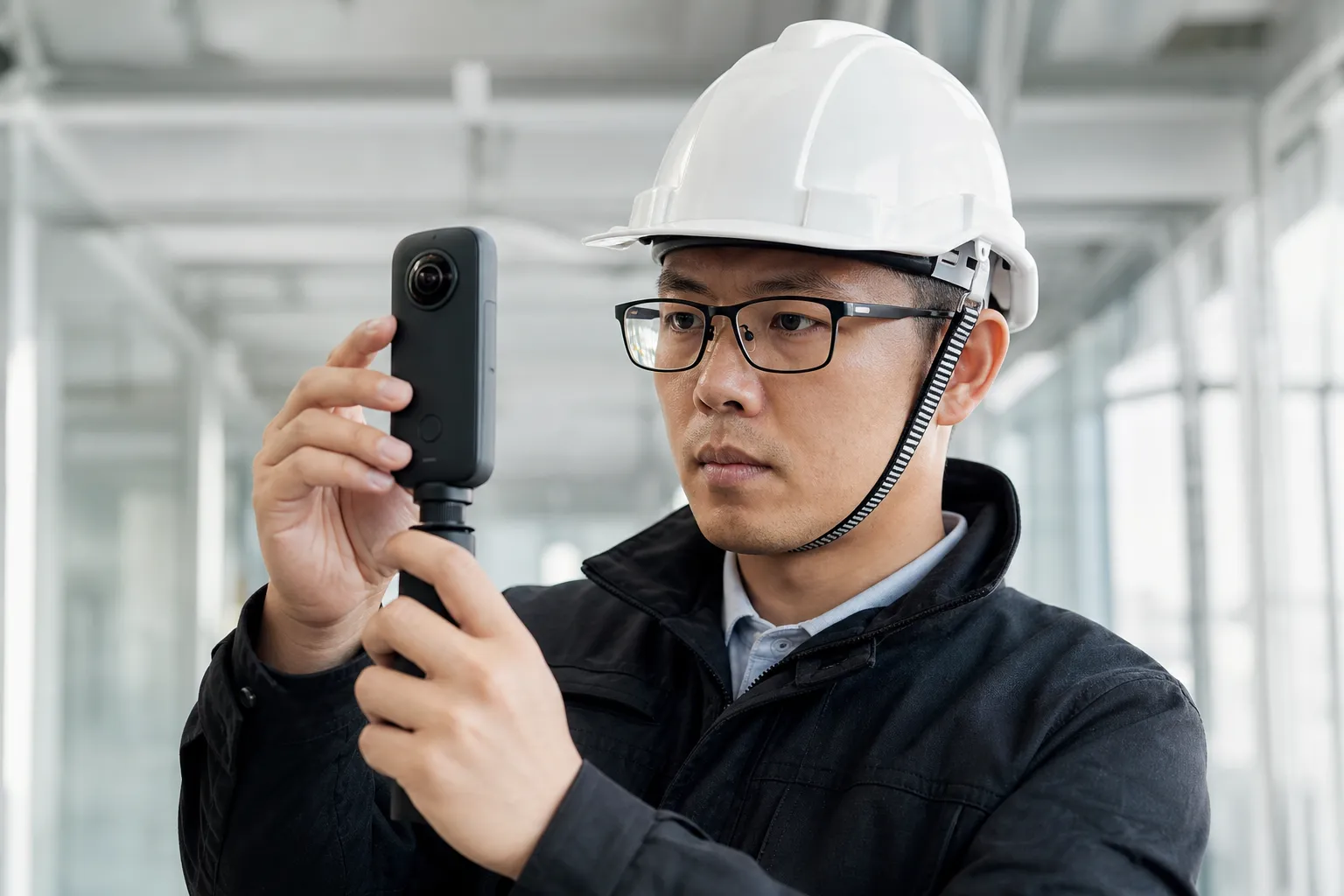 Ingénieur en casque de sécurité tenant un appareil photo numérique.