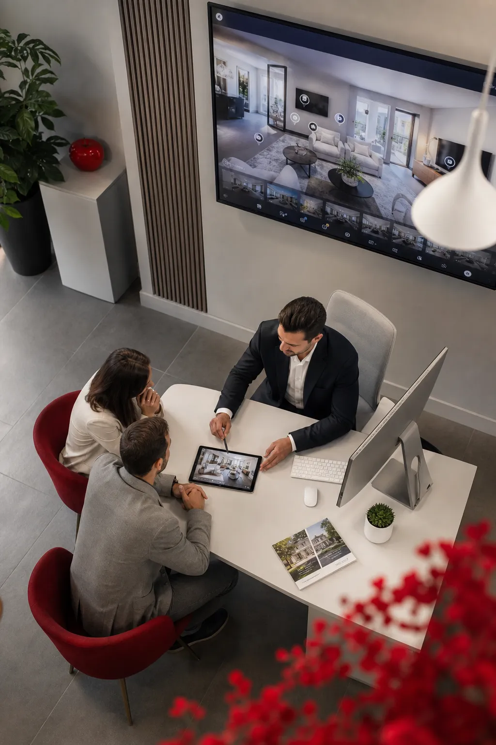 Réunion de travail dans un bureau moderne avec écran géant.