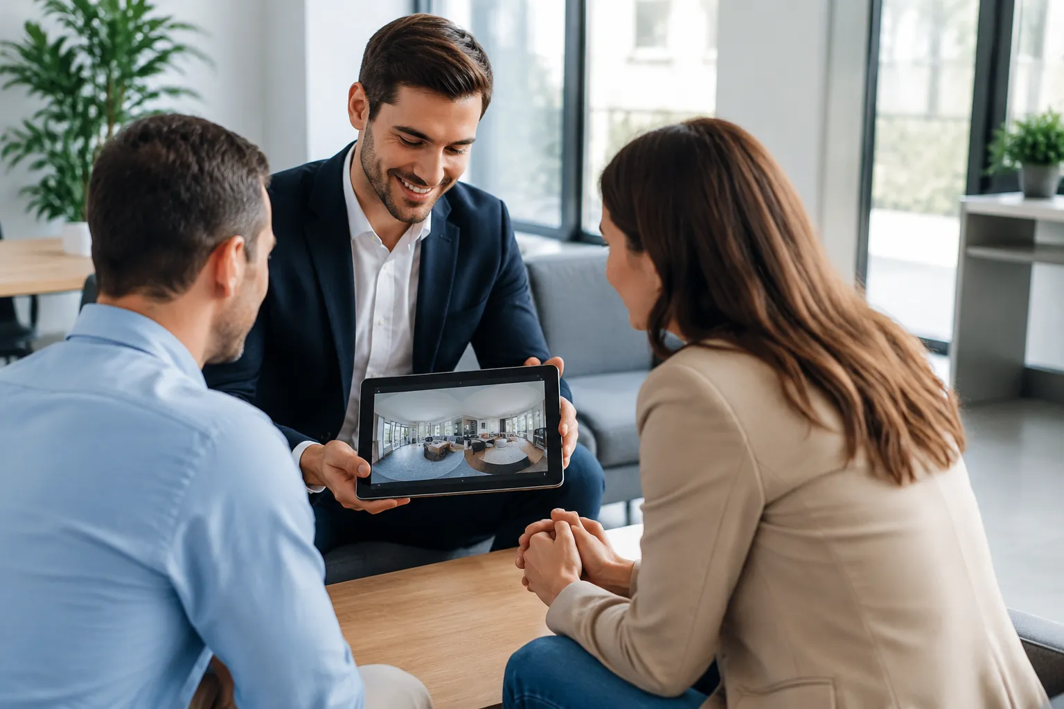 Réunion d'affaires avec présentation sur tablette numérique.
