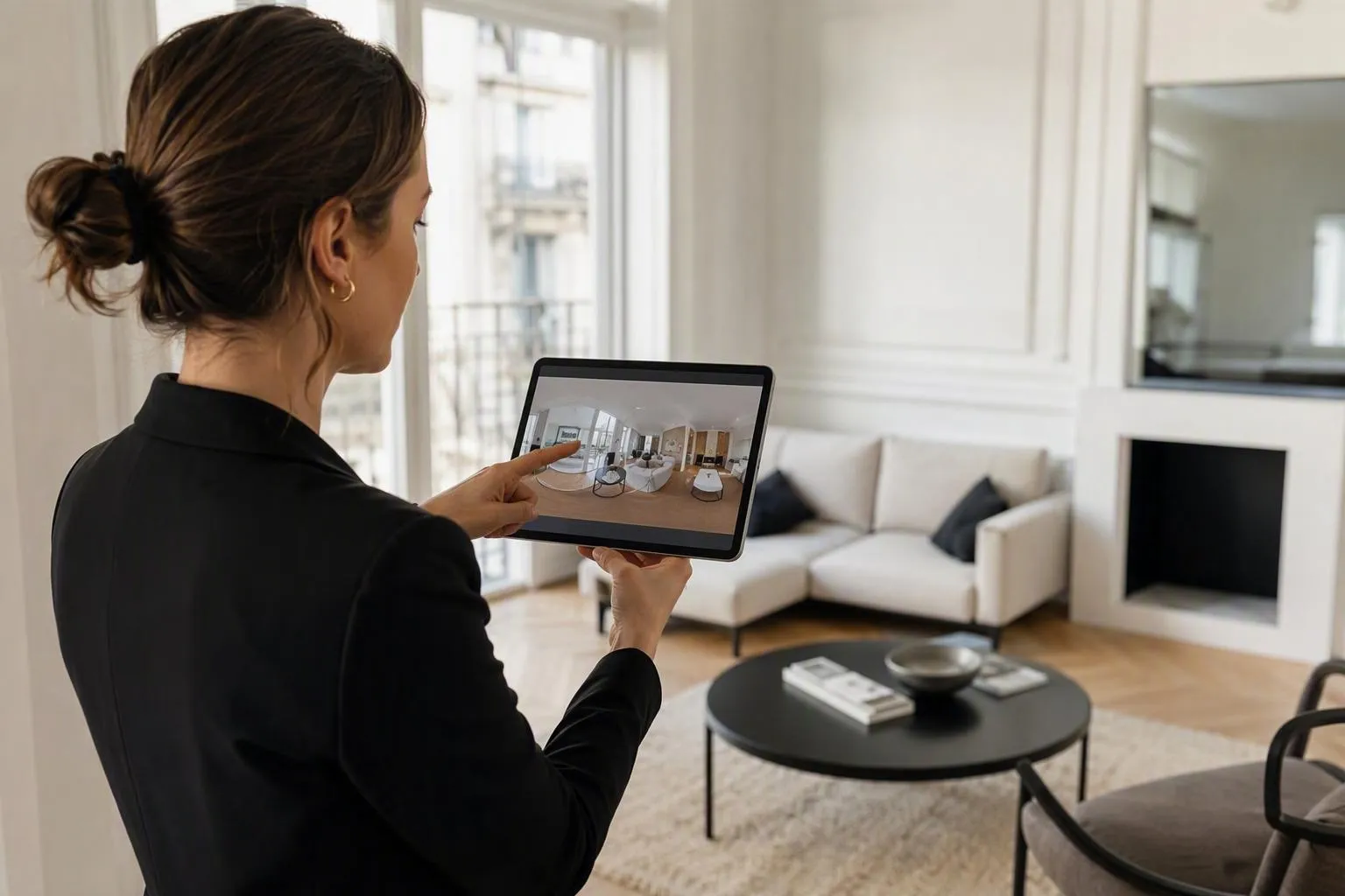 Femme en costume noir examinant un modèle 3D d'un intérieur sur une tablette.