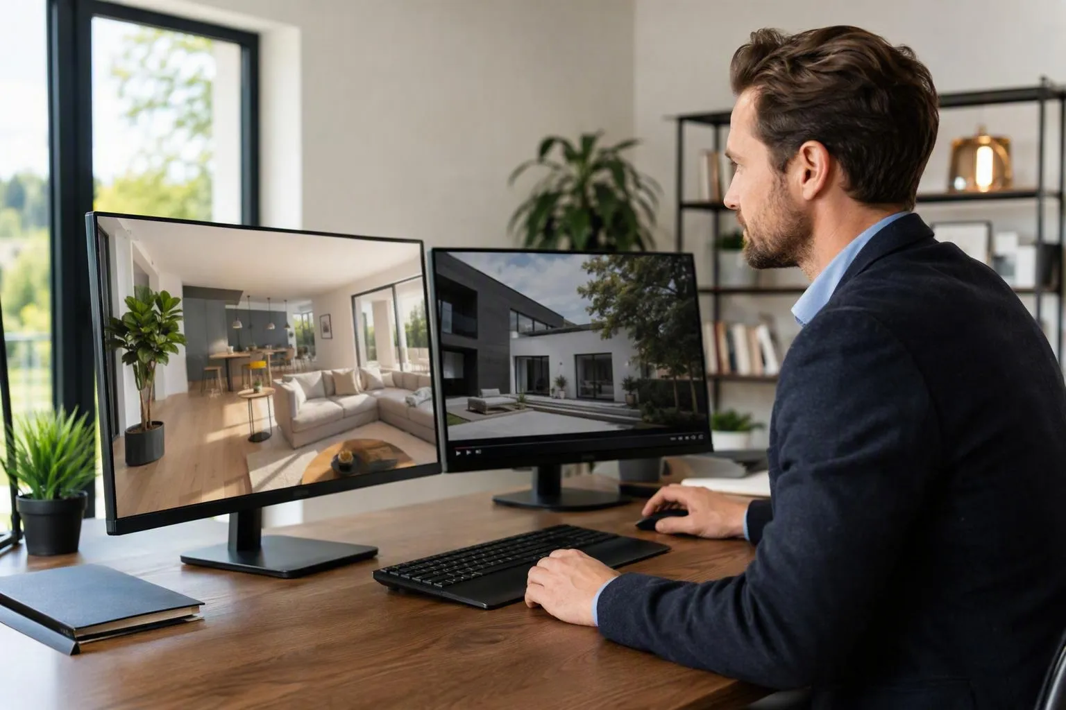 Homme d'affaires travaillant sur un ordinateur avec des images de conception d'intérieur.