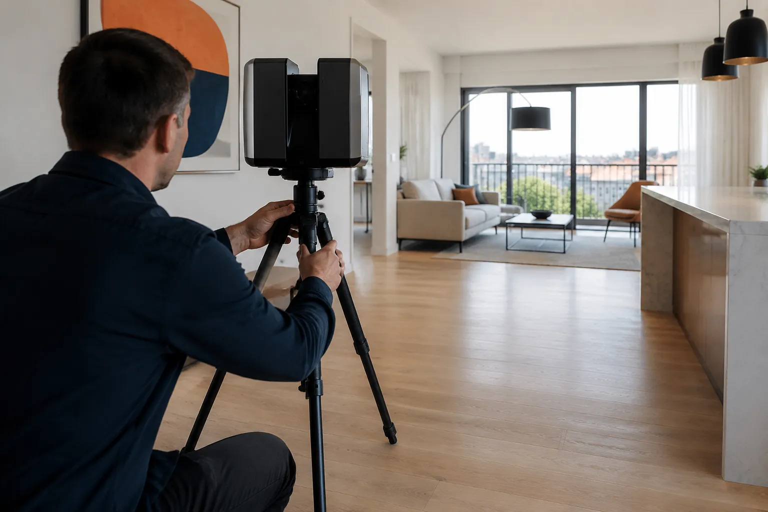 Homme photographiant l'intérieur d'un appartement moderne avec un appareil photo sur trépied.