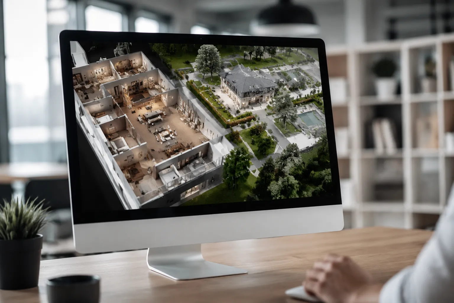 Modèle 3D détaillé d'un bâtiment avec vue aérienne sur le paysage environnant.