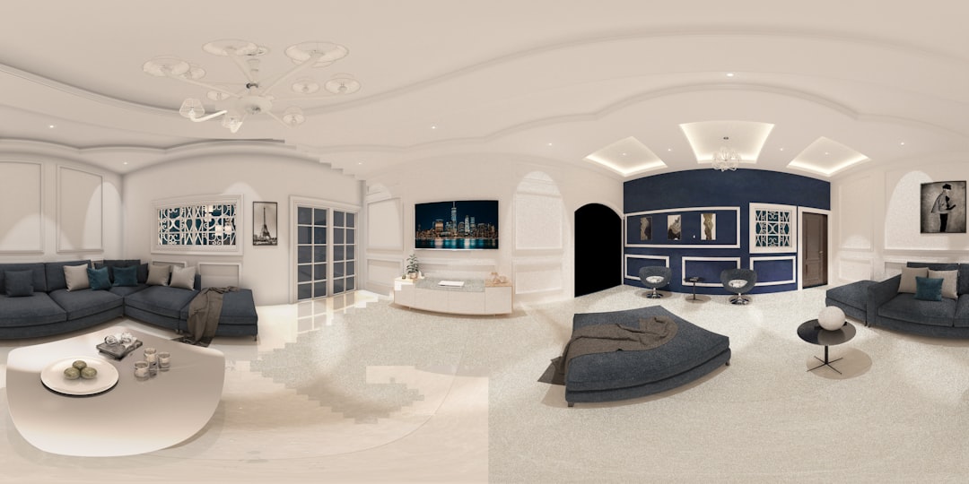 "Séjour moderne en noir et blanc, visualisation d'un espace grâce à une visite virtuelle immobilière 3D pour une découverte r