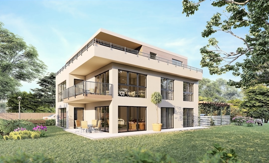 IA et modélisation 3D immobilière - a two story house with balconies and balconies on the second floor