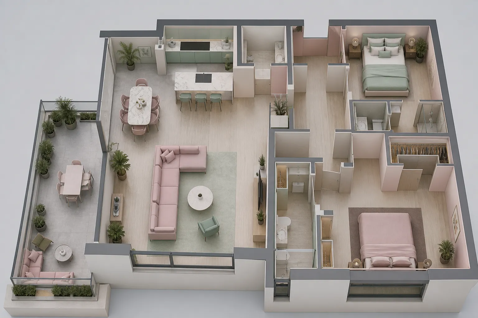 Appartement moderne avec design intérieur élégant et couleurs pastel.