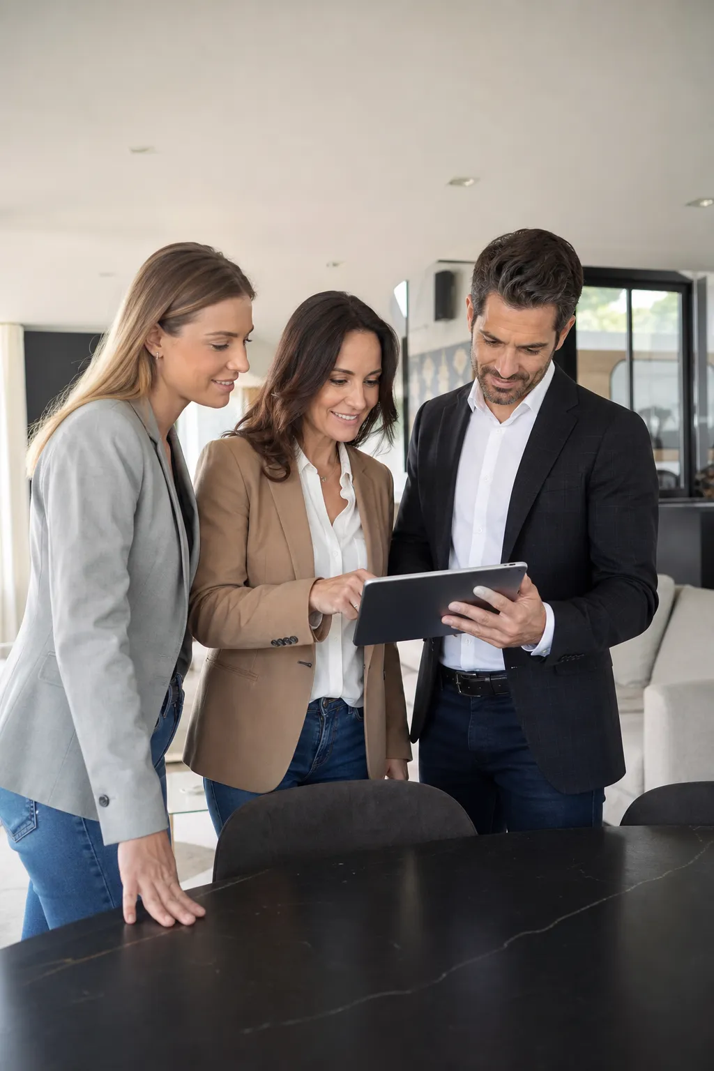 Trois personnes professionnelles examinant une tablette numérique dans un bureau.