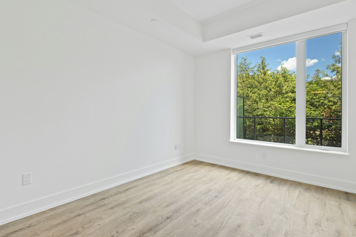 Pièce vide blanche avec parquet clair et grande fenêtre donnant sur arbres