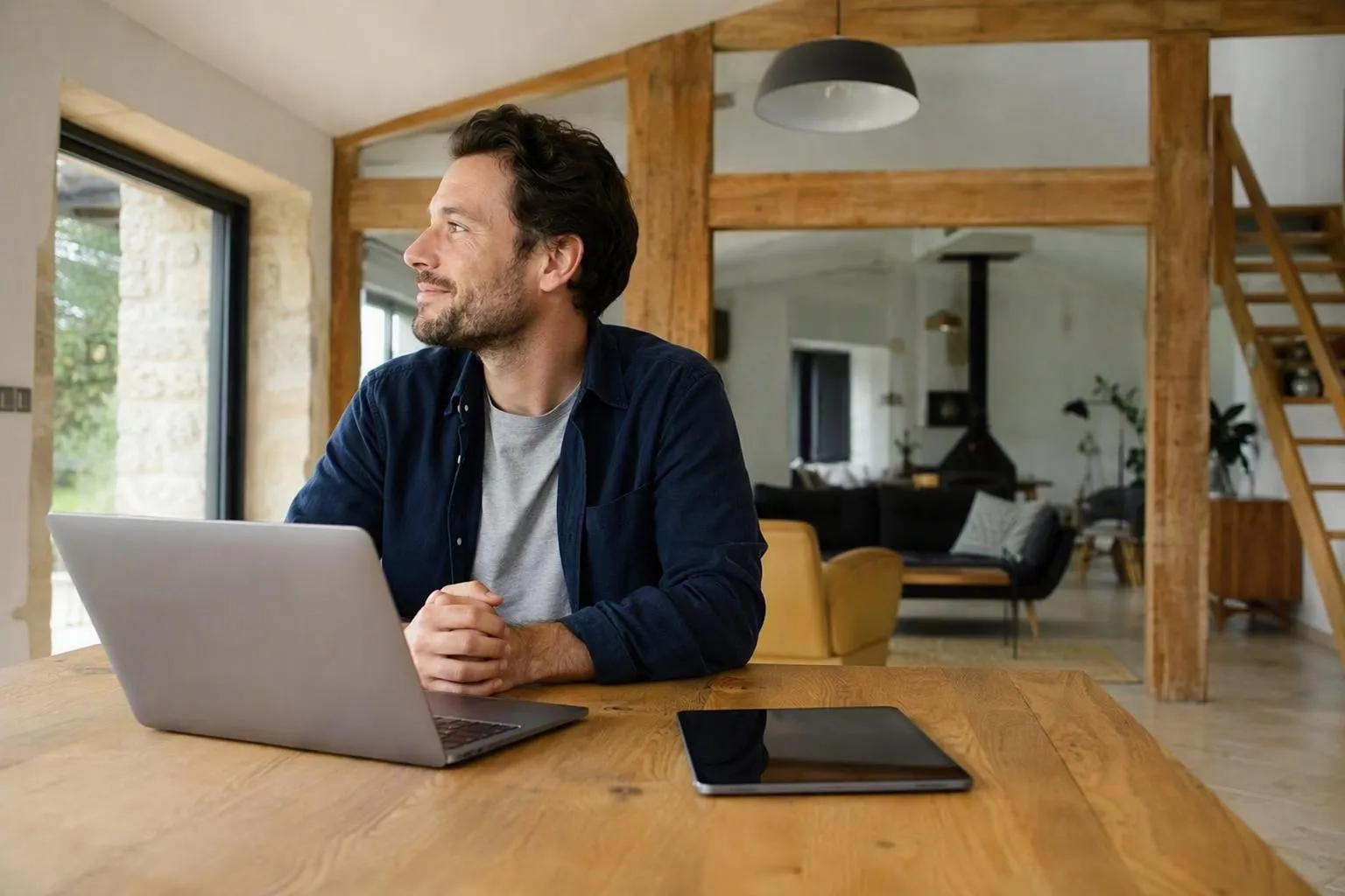 Homme travaillant sur ordinateur portable dans intérieur rustique lumineux.
