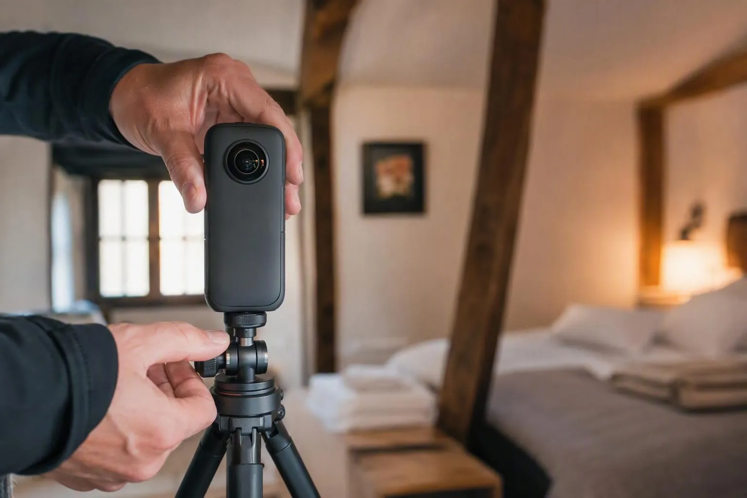 Caméra à 360 degrés montée sur trépied dans une chambre.