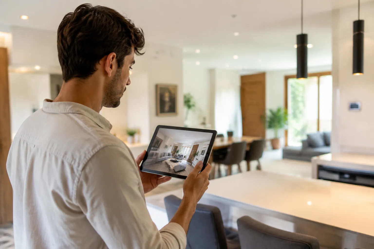 Homme examinant une image d'intérieur sur une tablette numérique.