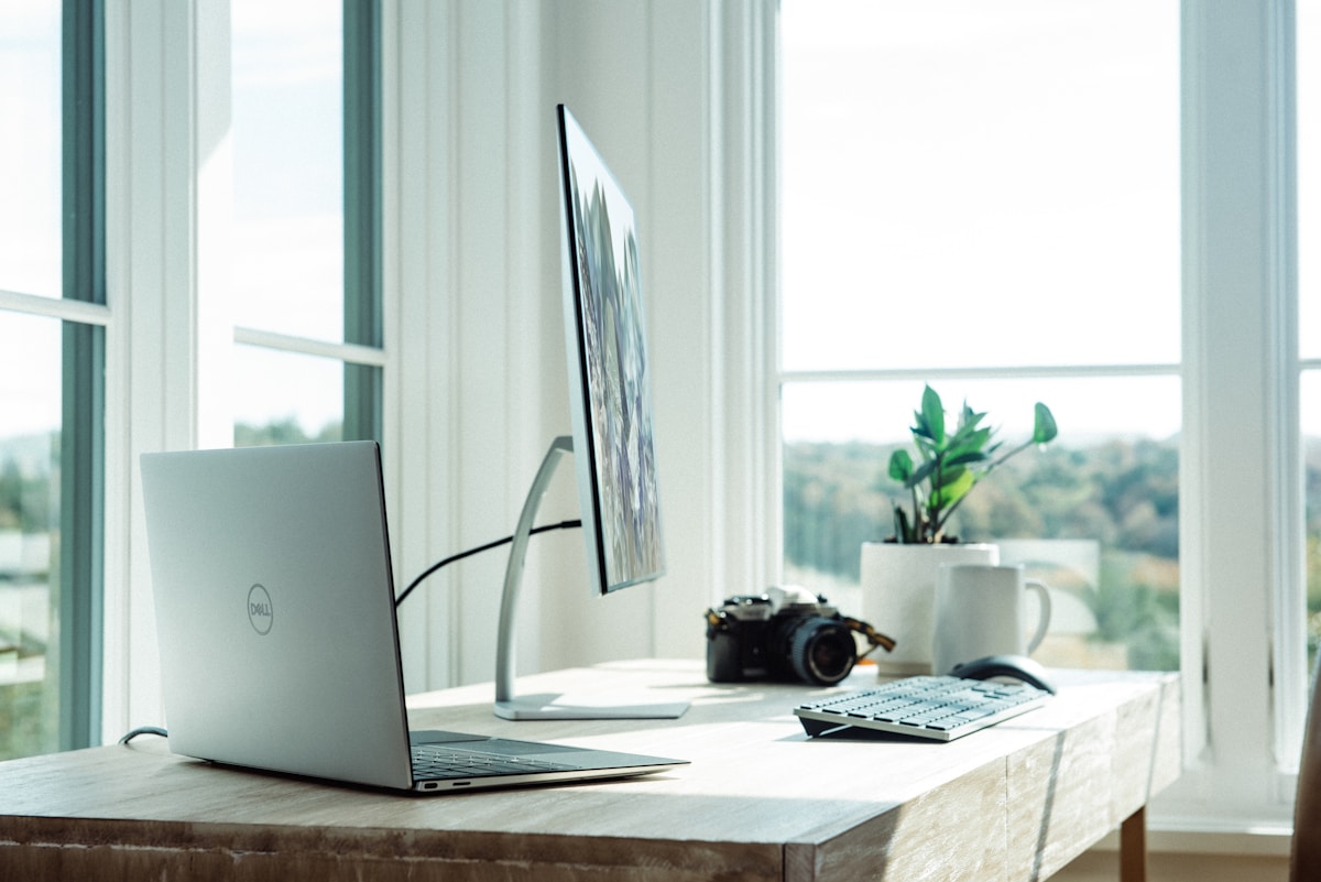 Bureau de travail avec ordinateur portable, appareil photo et plante verte.