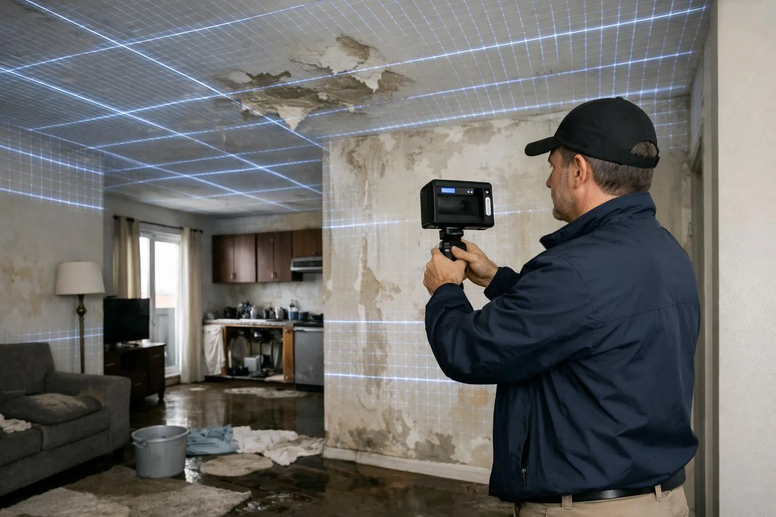Homme avec caméra inspectant les dommages dans une pièce.