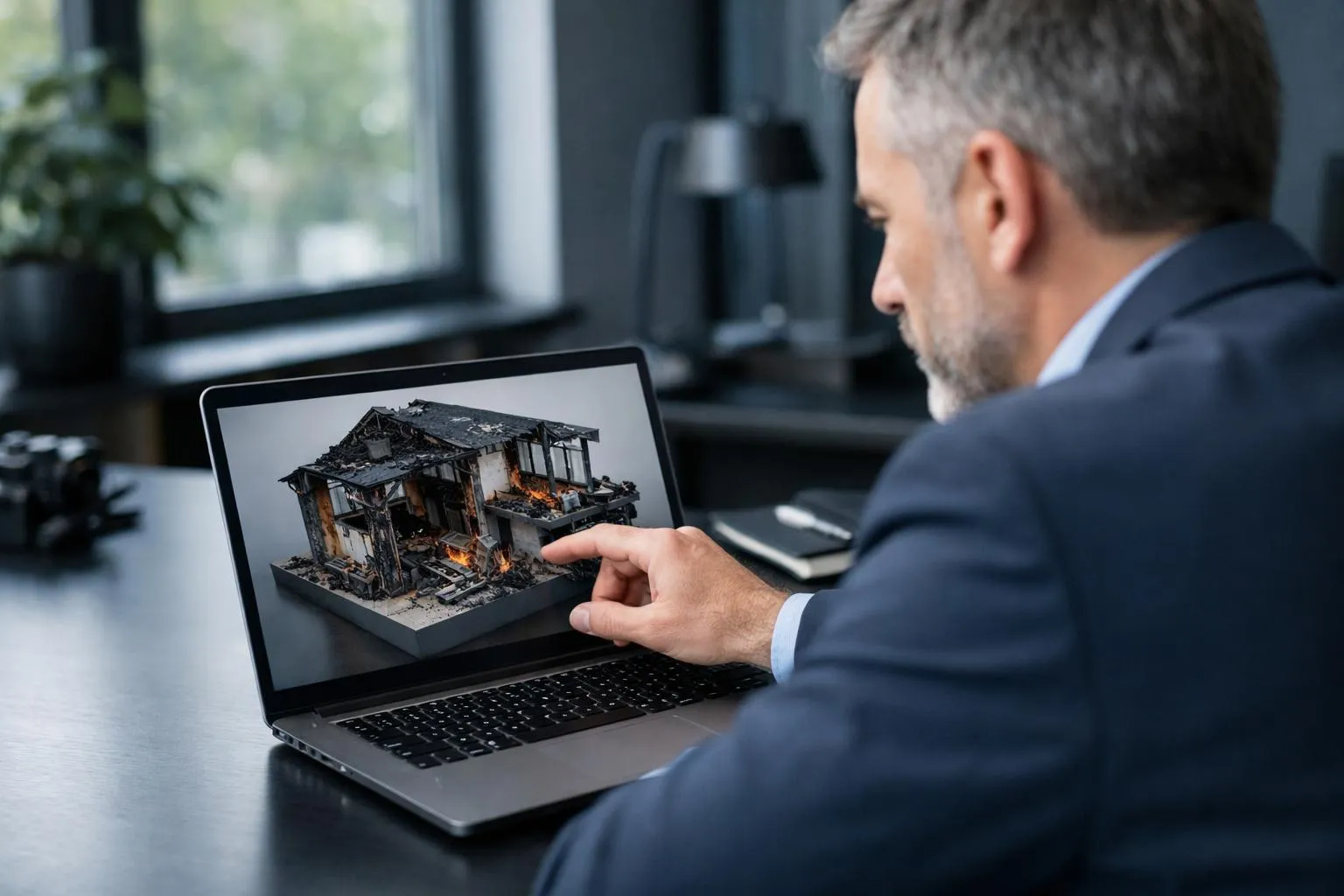 Homme d'affaires examinant une image numérique d'une maison en feu sur un ordinateur portable.