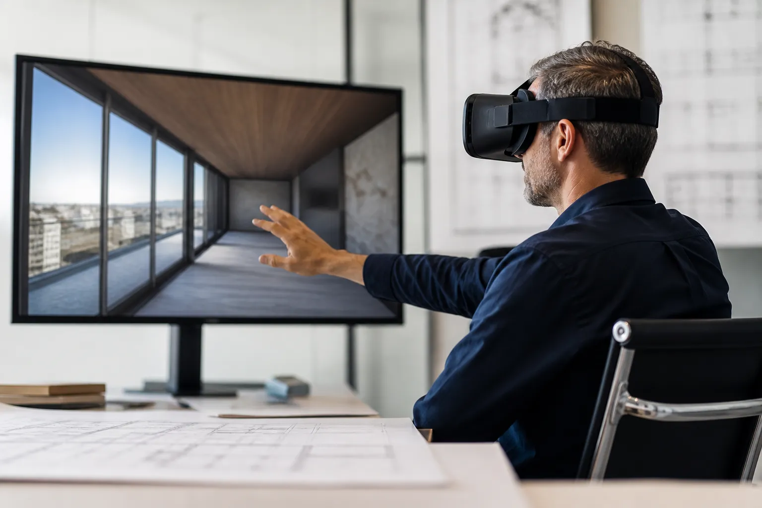 Un homme utilisant un casque de réalité virtuelle pour visualiser un projet architectural.