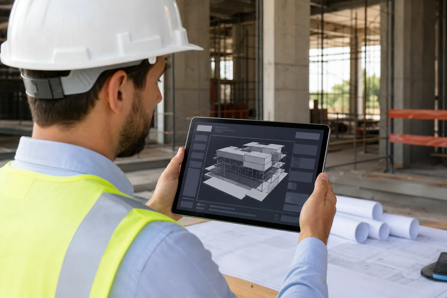 Ingénieur en construction examinant un plan architectural sur une tablette numérique.