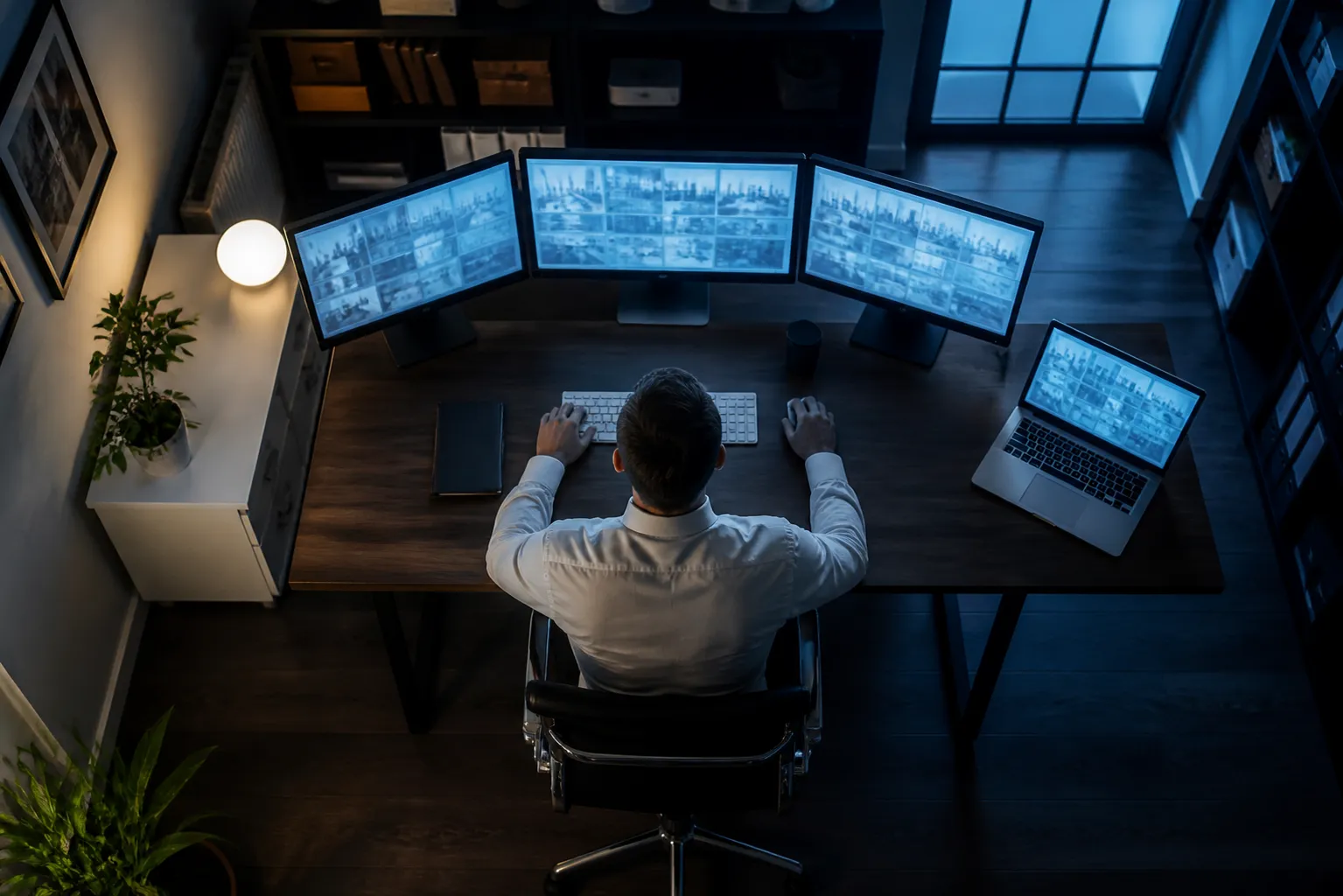 Homme travaillant sur un poste de travail multiécran dans un bureau sombre.