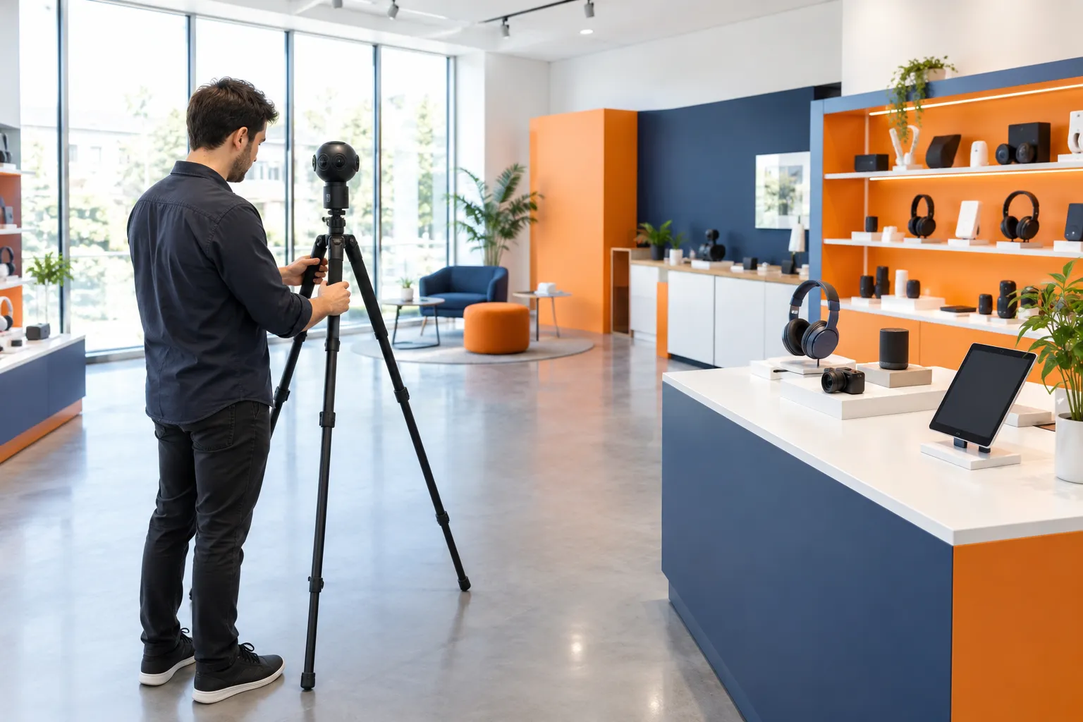 Homme installant une caméra 360° sur trépied en magasin high-tech